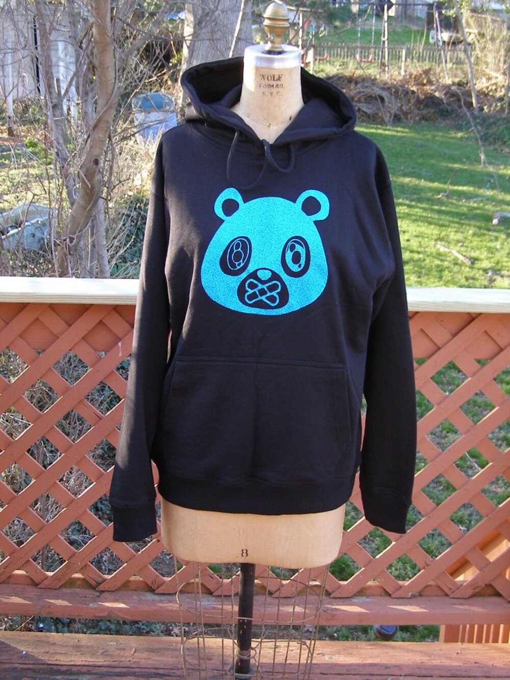 New size M Men's Black Hoodie with Blue bear graphic